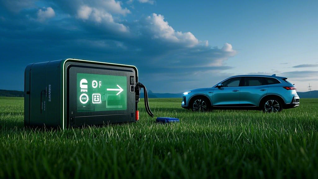 3新能源電池,草地背景,比例 16_9__,旁邊有部汽車 3新能源電池,草地背景,比例 16_9__,旁邊有部汽車