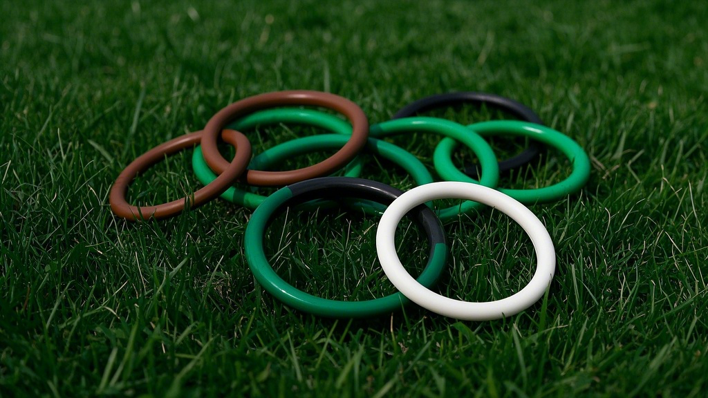 1綠色的棕色的白色的黑色的O型密封圈，比例 16_9__，背景為草地