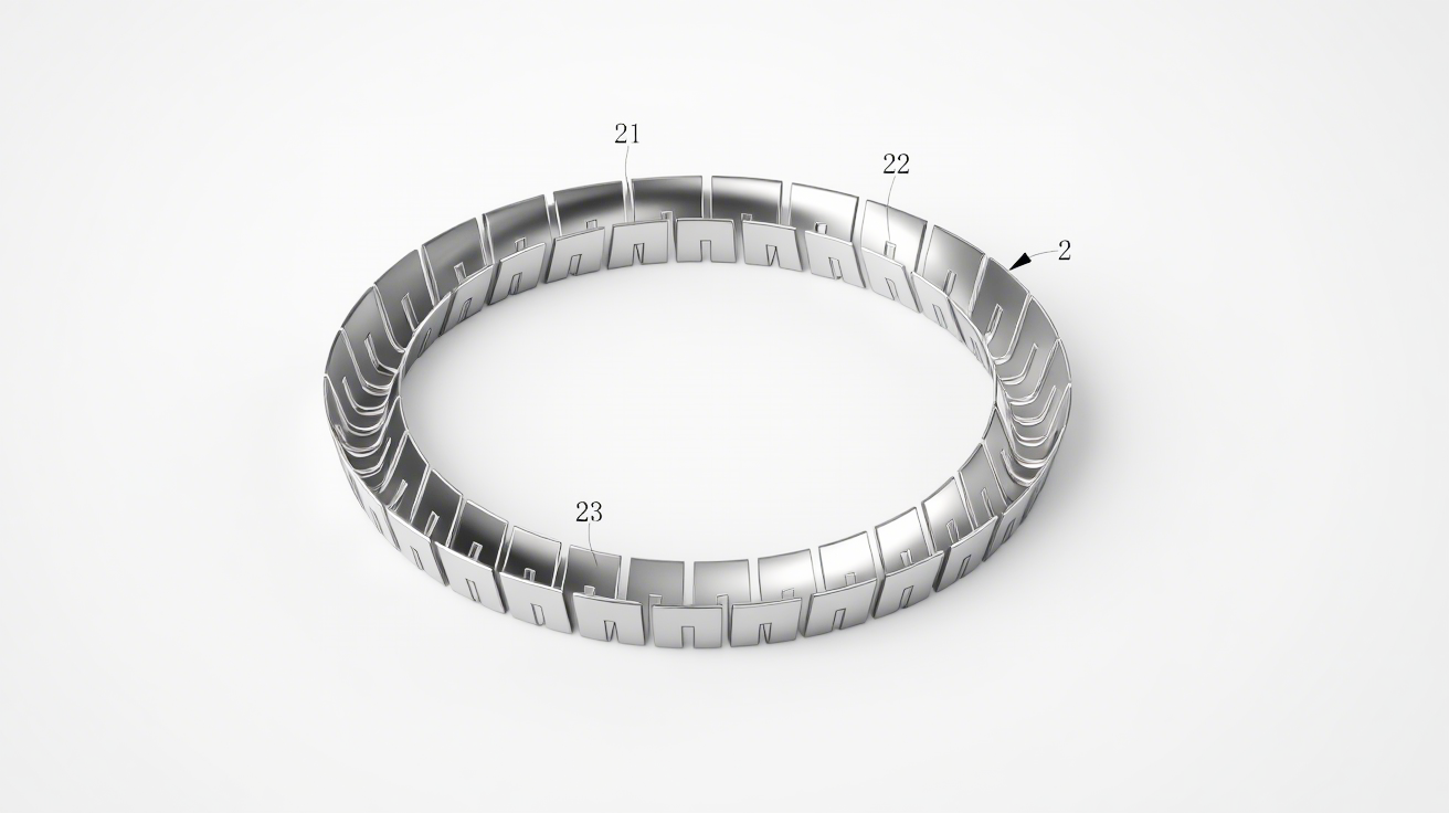 一種HA型彈簧組合油封結構圖6圖6（V型彈簧立體圖）：顯示彈片（23）、第一凹槽（21）與第二凹槽（22）的交錯排列，闡釋預緊力產生機制。