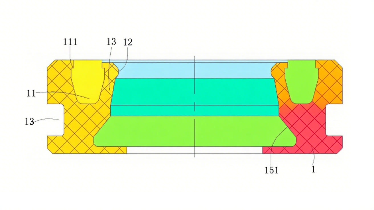 一種HA型彈簧組合油封結構圖3圖3（車制剖視圖）：呈現增壓槽斜面（151）與副油封臂（14）的彎曲角度，驗證“向外傾斜-向內彎曲”的獨特結構。